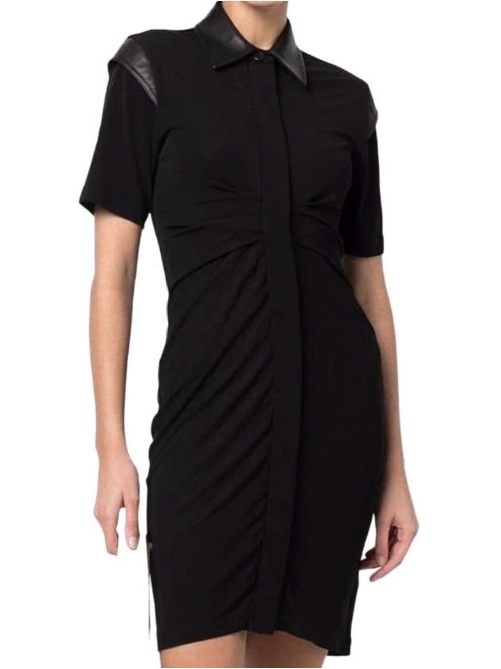 Helmut Lang Black Pleated Leather Trimmed Cady Mini Dress